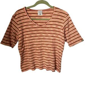 Vintage Columbia V Neck T-shirt Long Crop striped size M 100% Cotton 90’s y2k